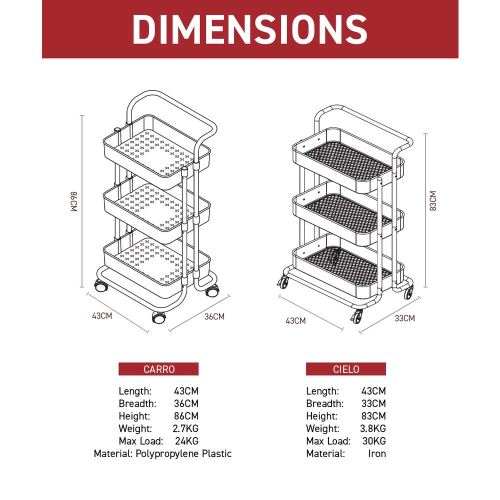 Rene Household 3 Tier Portable Kitchen Trolley Storage - Carro