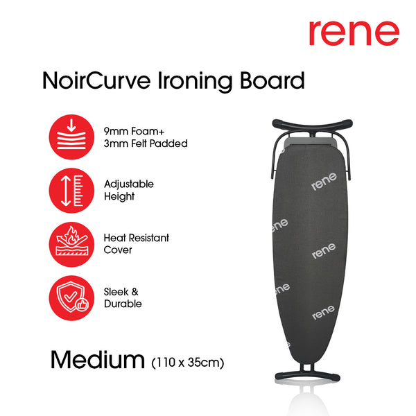 RENE Noir Curve Ironing Board – Adjustable Height, Heat-Resistant, Retractable Iron Rest