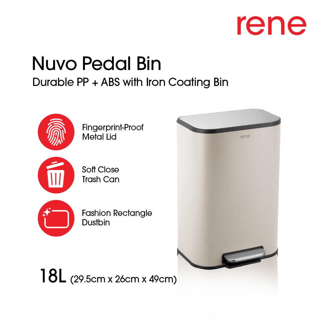 Rene Nuvo Pedal Bin Soft Close Trash Can | Fashion Rectangle Dustbin | Fingerprint-Proof Metal Lid | 12L / 18L / 30L
