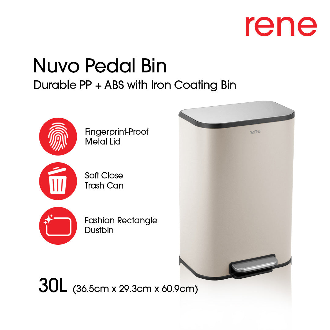 Rene Nuvo Pedal Bin Soft Close Trash Can | Fashion Rectangle Dustbin | Fingerprint-Proof Metal Lid | 12L / 18L / 30L