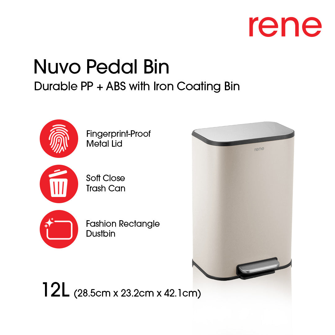 Rene Nuvo Pedal Bin Soft Close Trash Can | Fashion Rectangle Dustbin | Fingerprint-Proof Metal Lid | 12L / 18L / 30L